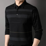 Streetwear Fashion Men Long Sleeve Striped Polo Shirts