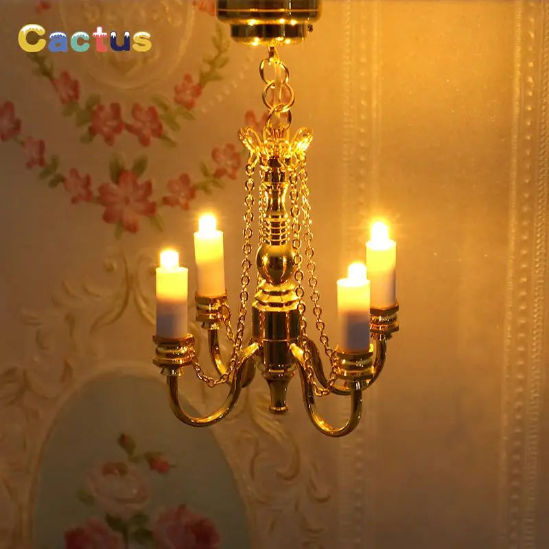 1:12 Dollhouse Miniature LED Ceiling Lamp Gold Chandelier