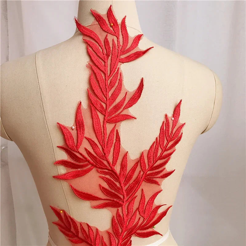 1pair2pcs Bamboo Leaf Neckline Lace Applique Red Burgundy