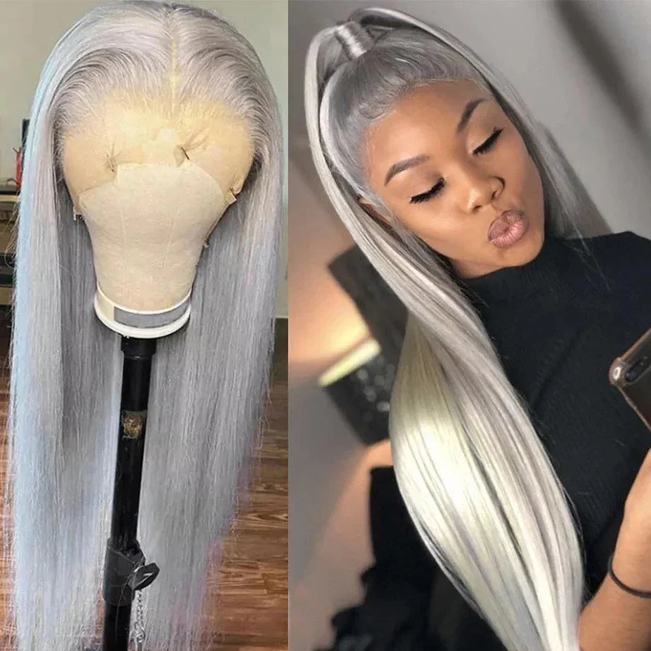 Silver Gray Lace Front Human Hair Wigs Transparent