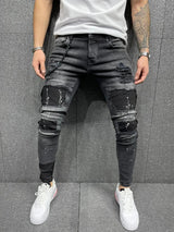 Distress Plaid Patch Holes Streetwear Ripped Skinny Jeans