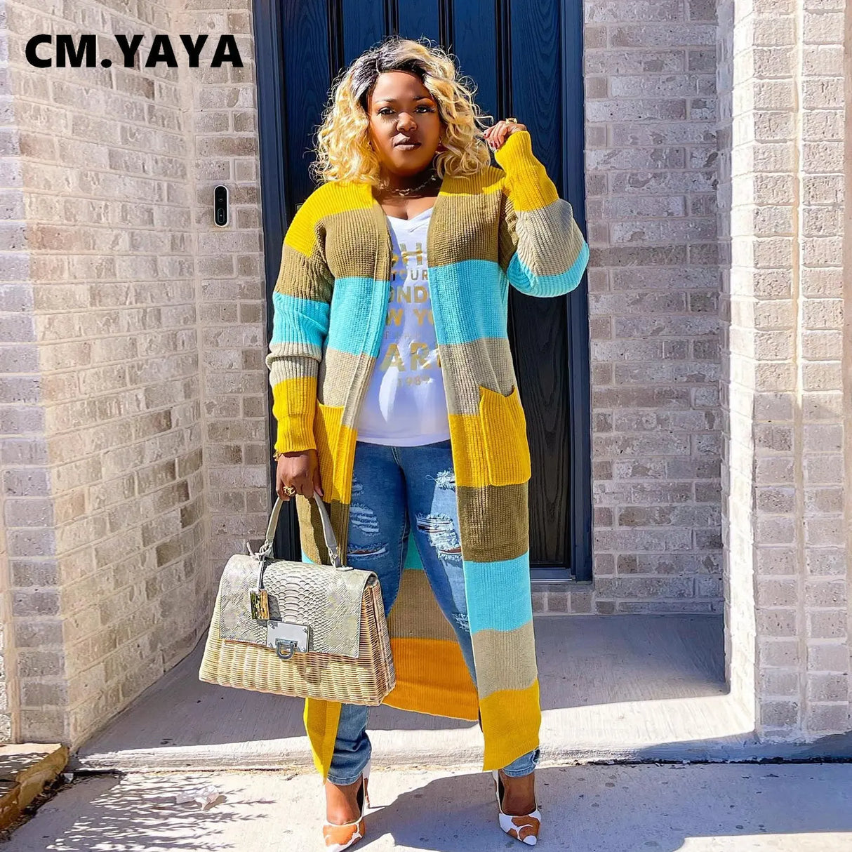 CMYAYA Plus size Women Knit Ribbed Patchwork Long