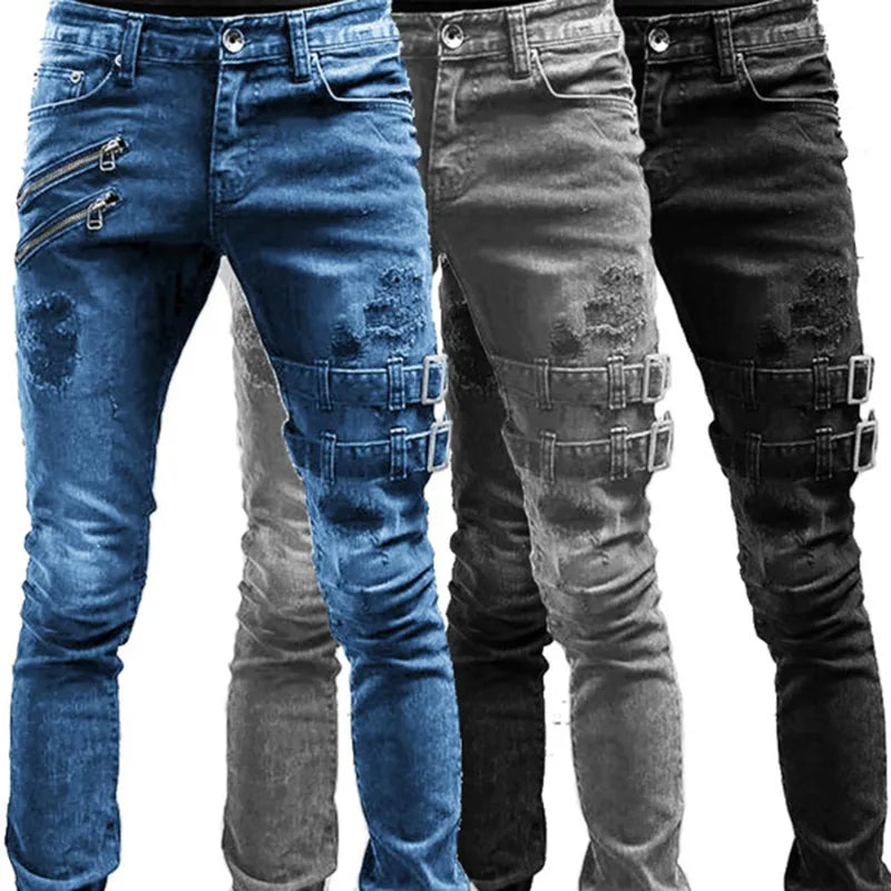 Men Slim Biker Ripped Long Denim Trousers Skinny