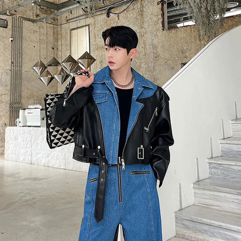 NOYMEI Irregular Washed Denim Patchwork Lapel Short Jacket