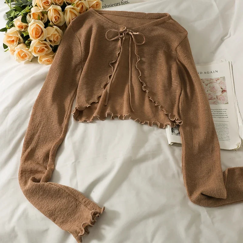 Women Frenum Cardigan Blouses and Tops Bow Lace