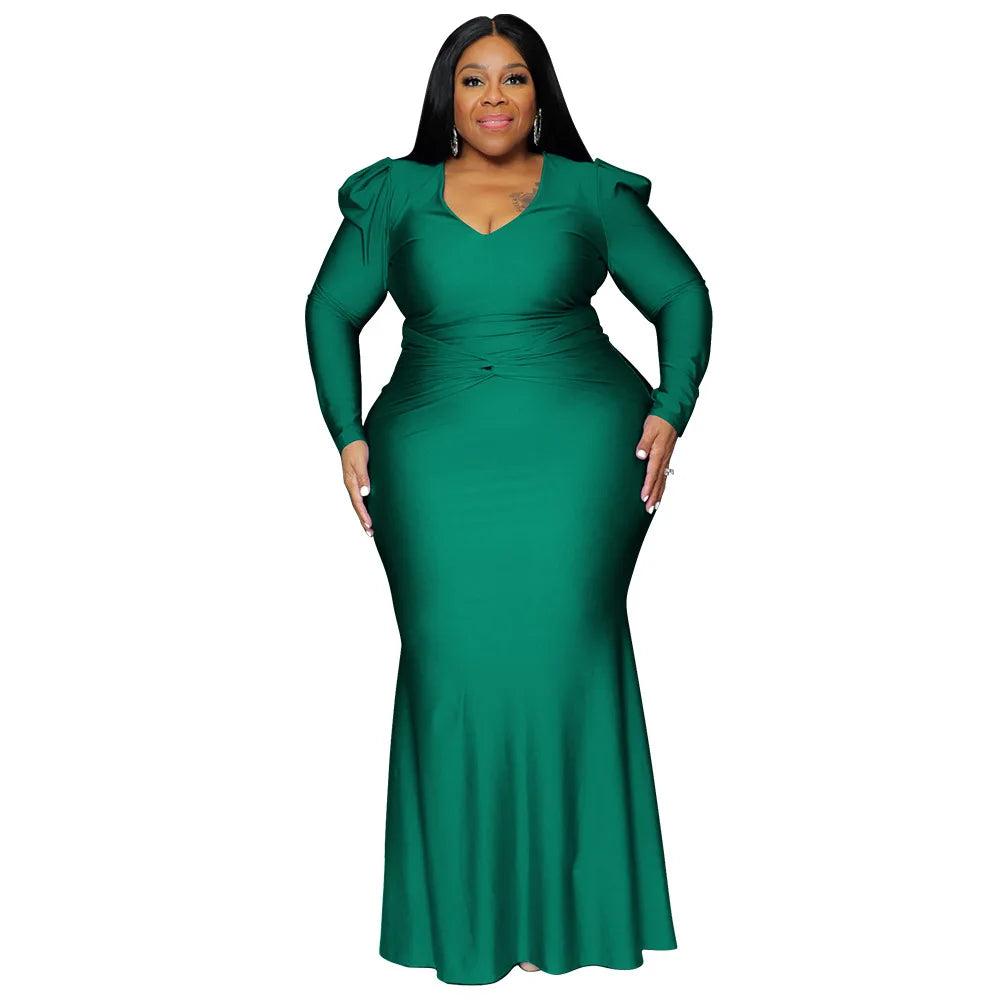 Solid Color Elegant Evening Dress Long Sleeve Plus