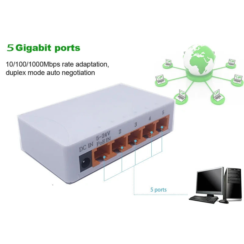 5 Port 1000Mbps Gigabit Network Switch Ethernet Smart