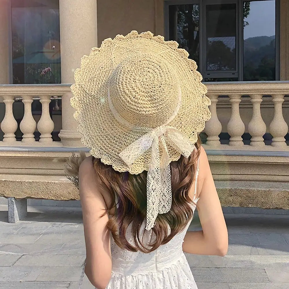 Wide Brim Straw Hat Foldable Big Lace Bow