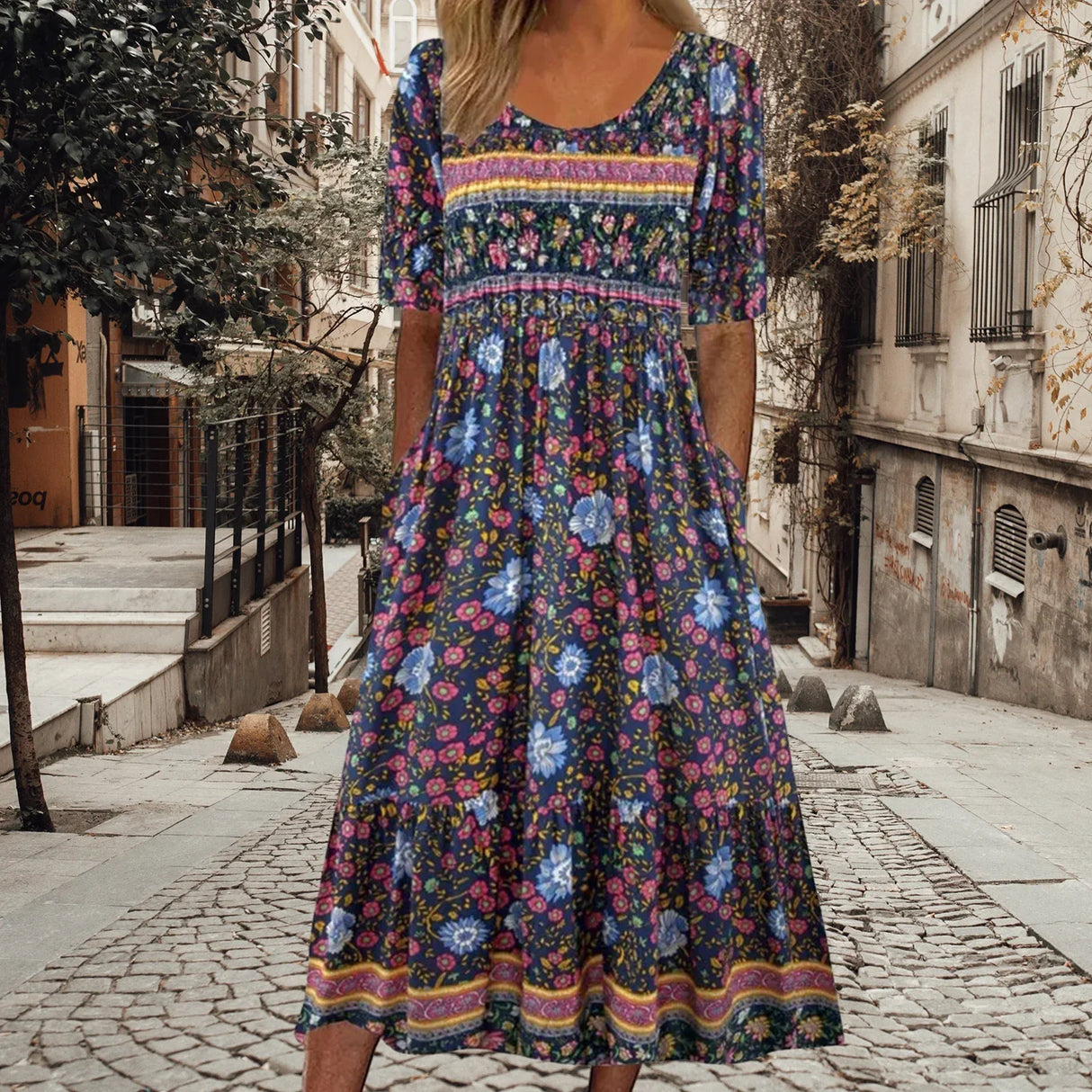 2023 Vintage Boho Stripe Print Women Sundress Summer
