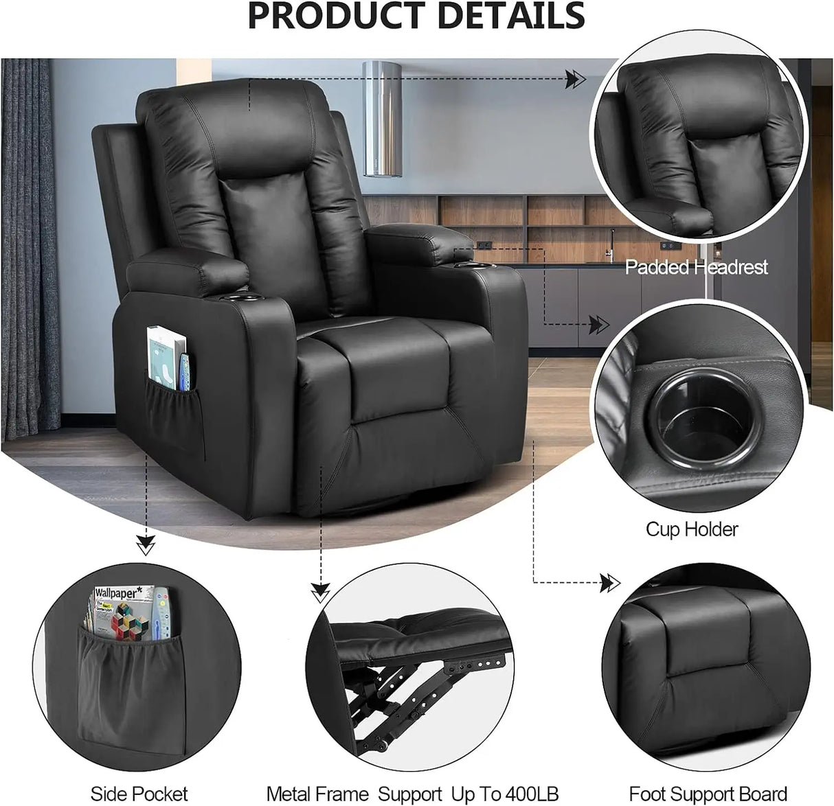 COMHOMA Leather Recliner Chair Rocker with Heated Massage