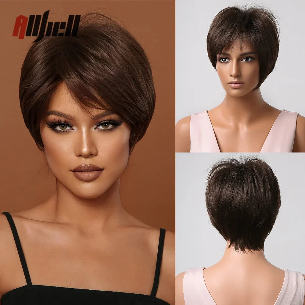 Short Pixie Cut Wig with Highlight Straight Chocolate