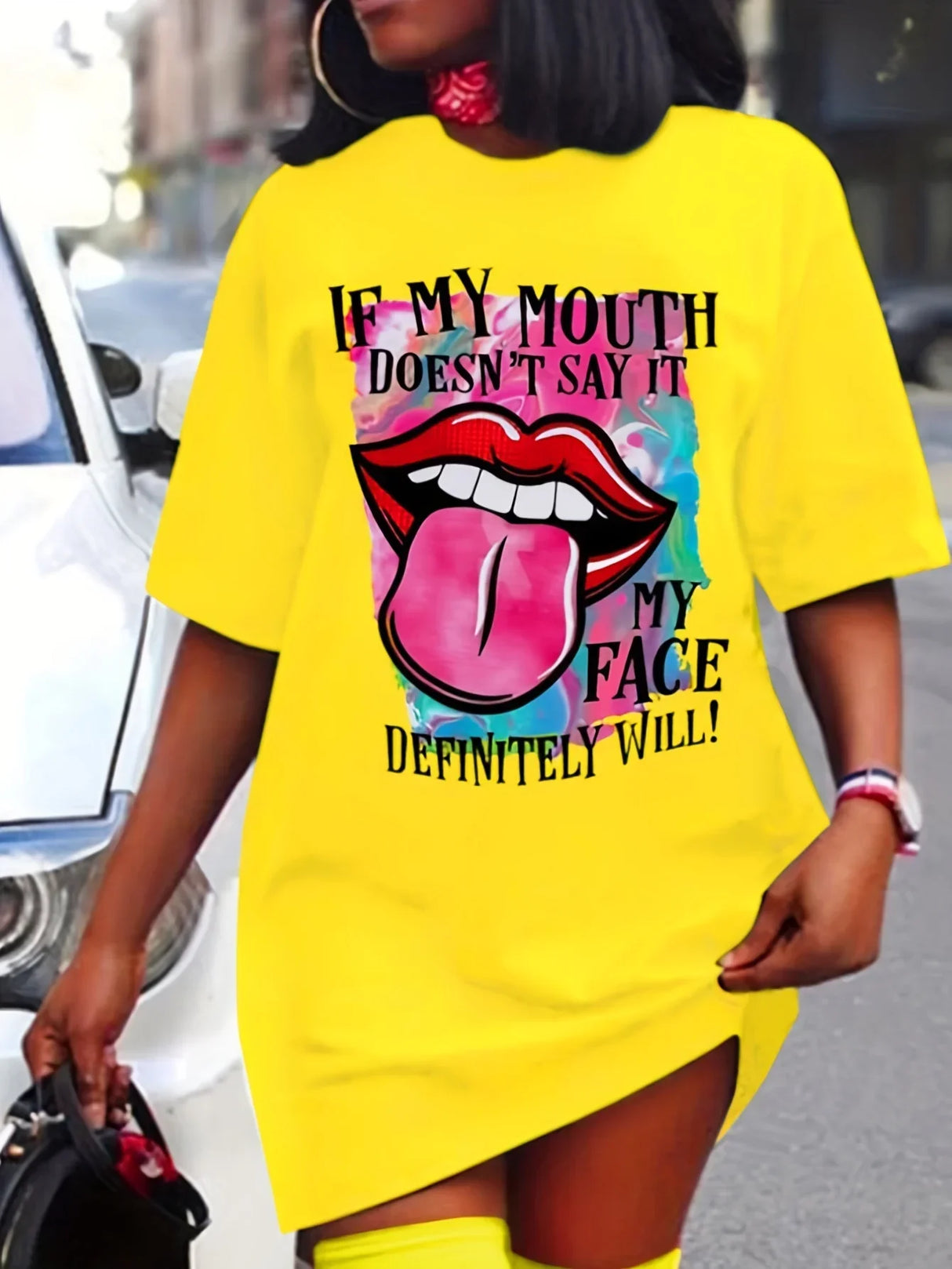 Plus Size Lips Print Mini Tee Dress, Short