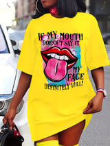 Plus Size Lips Print Mini Tee Dress, Short