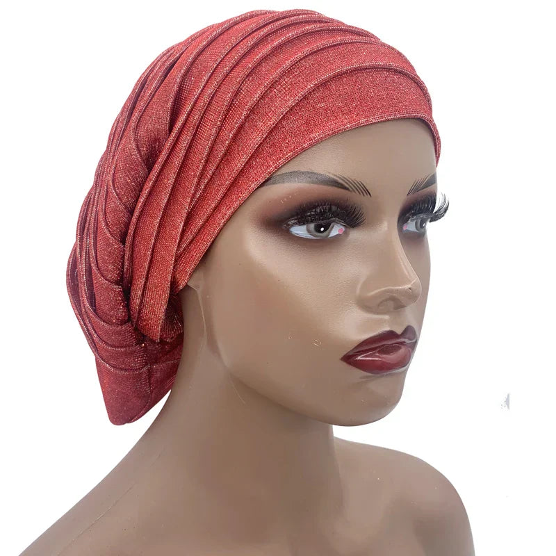 Glitter Pleated African Turban Cap Womens Head Wraps