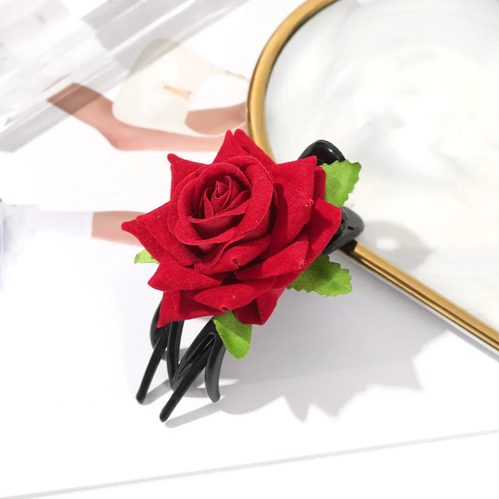 AWAYTR Flower Red Rose Claw Clip Girl Women