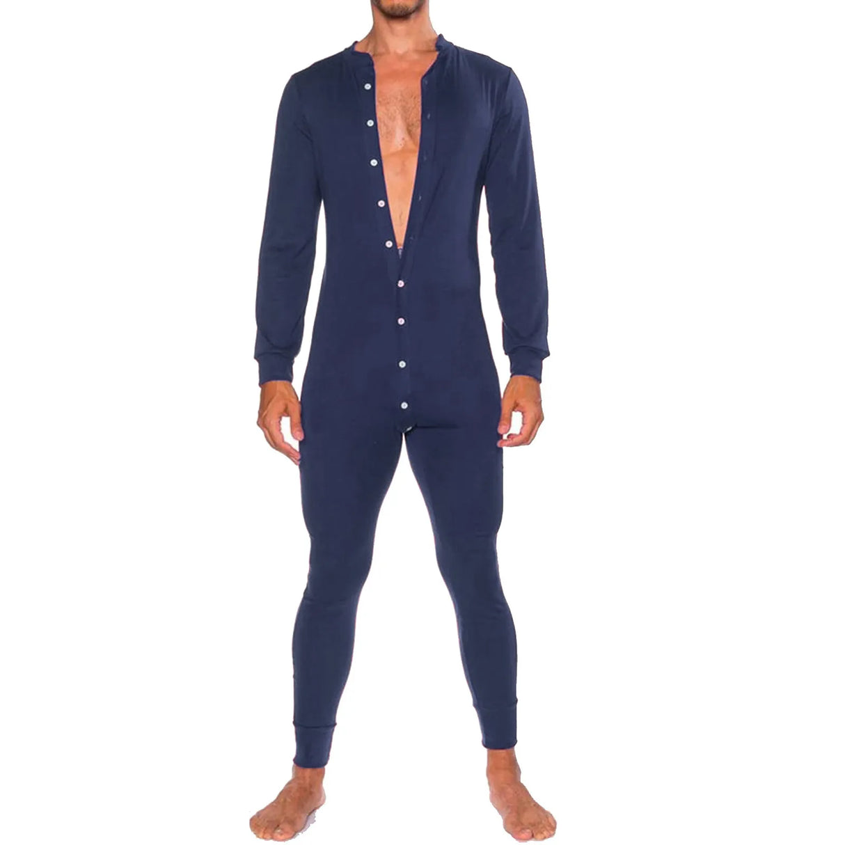 Mens Jumpsuit Romper Pajamas Casual Button Single-Breasted Bodysuit