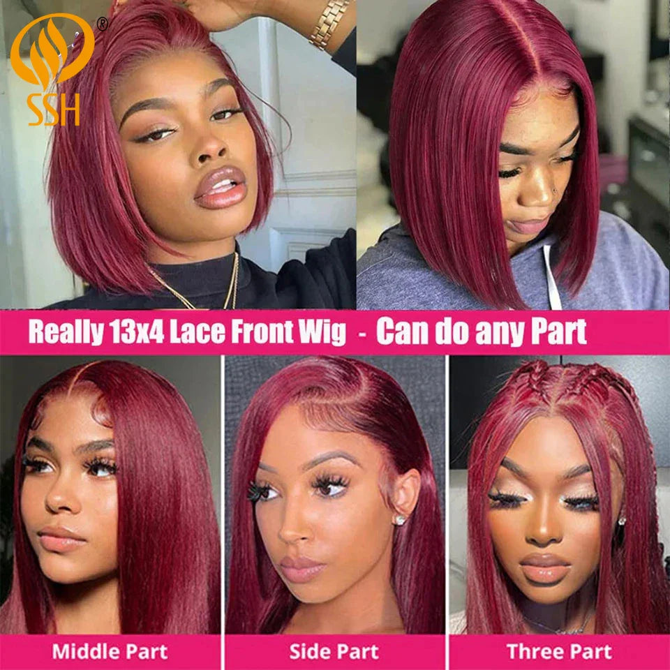 Bob Wig Human Hair Burgundy 99J Straight 13X4