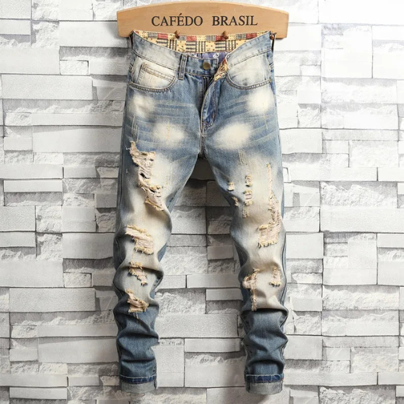 Distressed Ripped Jeans Men's Retro Blue Fashion Slim