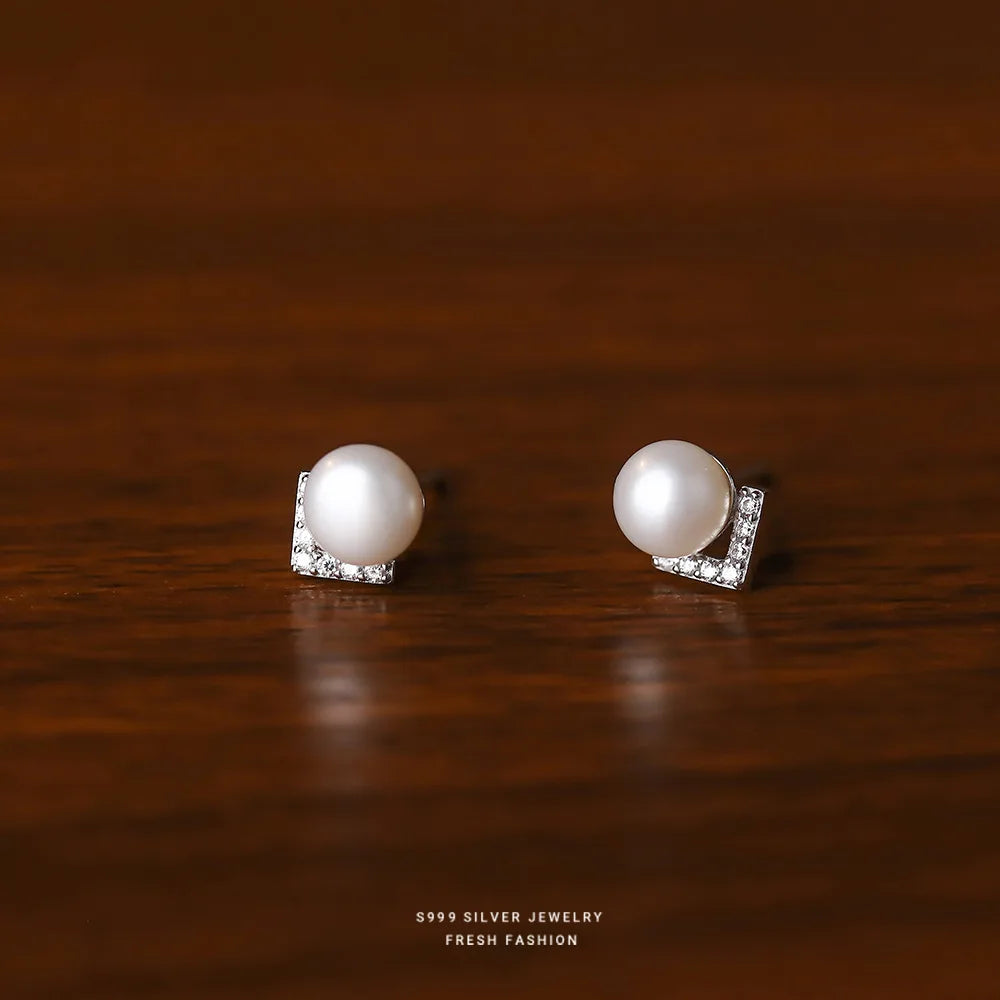 999 Sterling Silver V-shaped Inlaid Zircon Natural Pearls