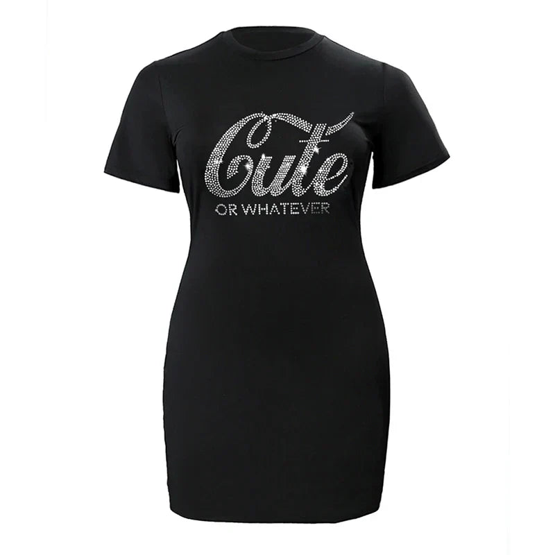 Plus Size Casual Dress Womens Plus Rhinestone Letter