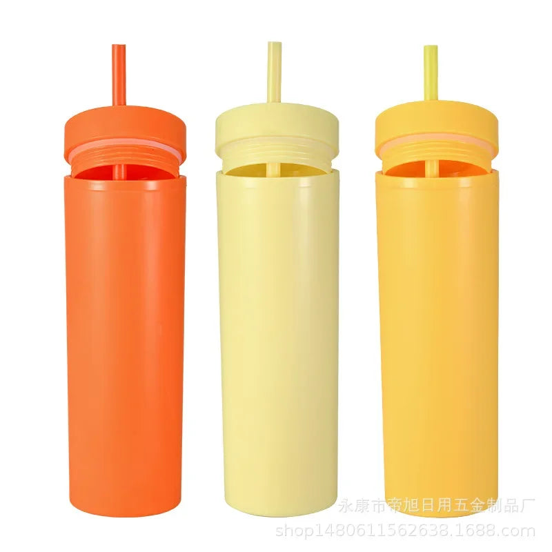 Plastic Straw Cup Double-Layer Water Bottles Coffee Cup