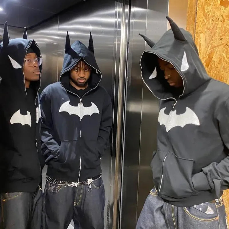 Y2K Zip up Hoodie Harajuku Bat Animation Flocking