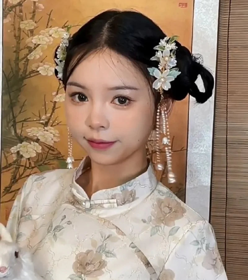 1pair Chinese Hanfu Hair Accessories Red Flower Hairpins