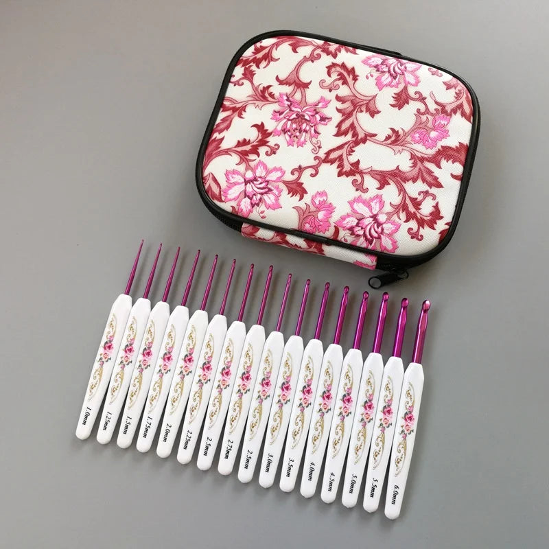 16Pcs Aluminum Crochet Hook Kit Printing Storage Bag