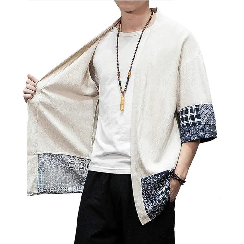 Mens Japanese Kimono Cardigan Loose Cotton Linen 34