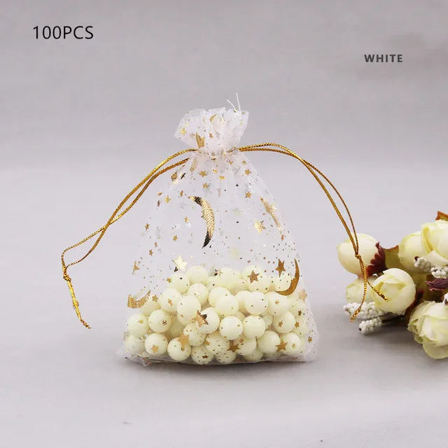 100pcs Moon Star Organza Drawstring Gift Bags 7x9cm Jewelry Packaging Pouches