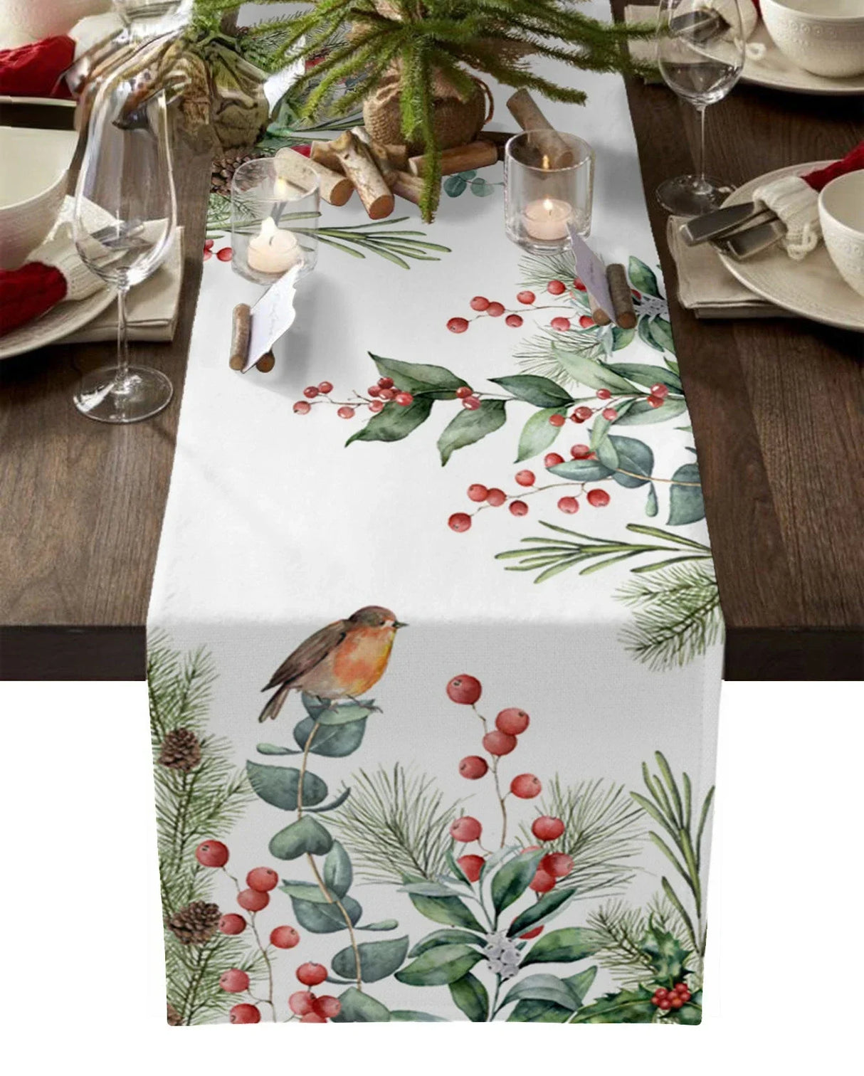 Modern Elegant Table Runner Eucalyptus Berries Robin Table