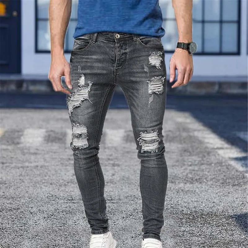 White Embroidery Jeans Men Cotton Stretchy Ripped Skinny