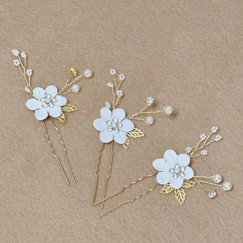 3pcs White Flower U Shaped Hairpin Pearl Elegant
