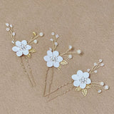 3pcs White Flower U Shaped Hairpin Pearl Elegant