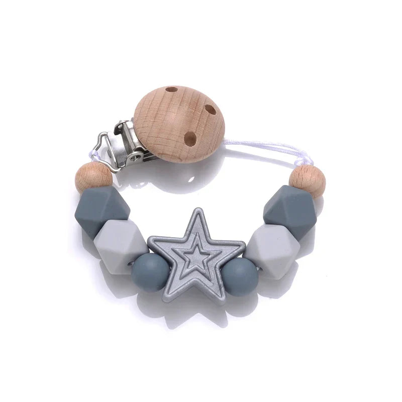 Baby Pentagram Silicone Beads Pacifier Chain Wooden Teether