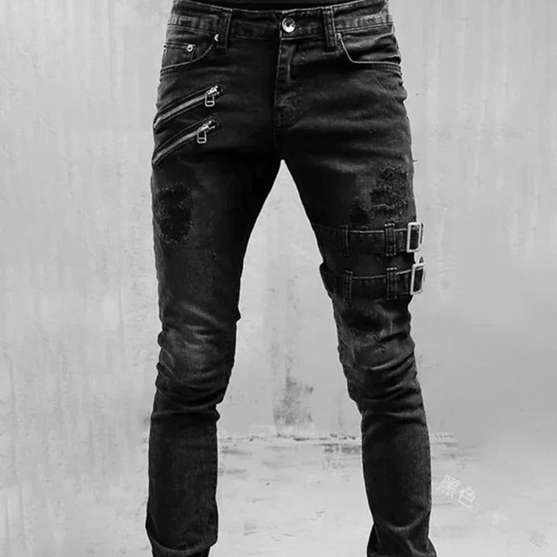 Men Slim Biker Ripped Long Denim Trousers Skinny