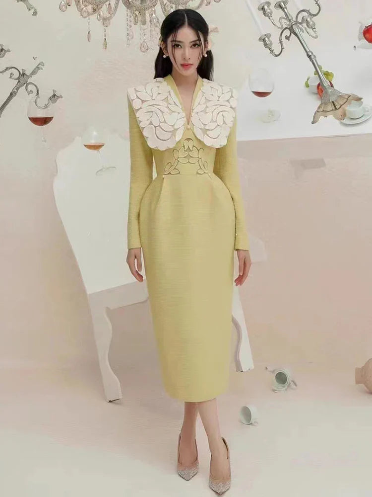 DEAT Elegant Dress Tweed Vneck High Waist Embroidery