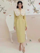 DEAT Elegant Dress Tweed Vneck High Waist Embroidery