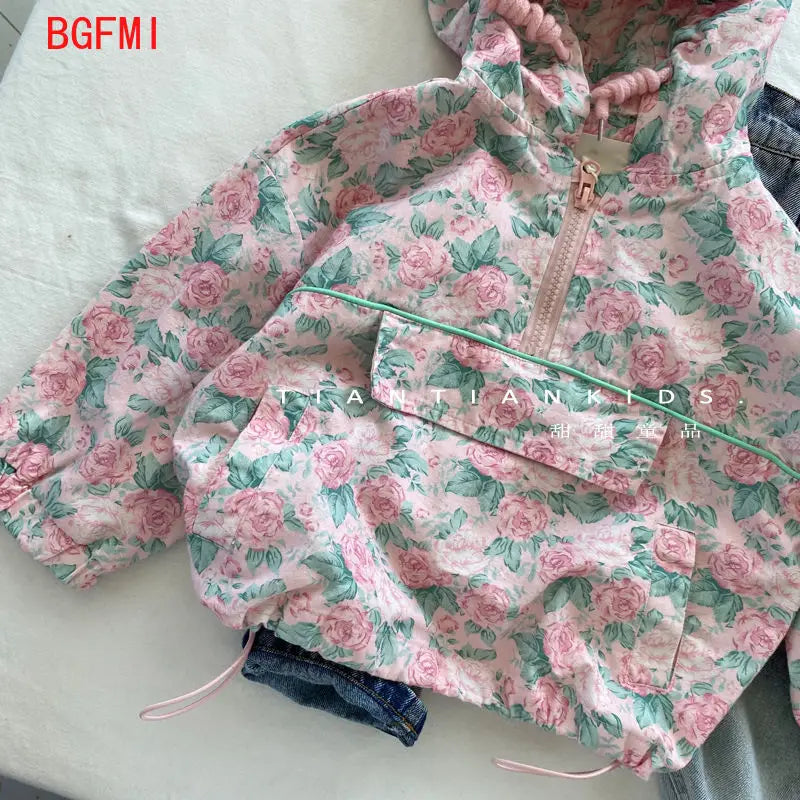 90-130cm Children's Pink Floral Flower Hooded Coat Toddler