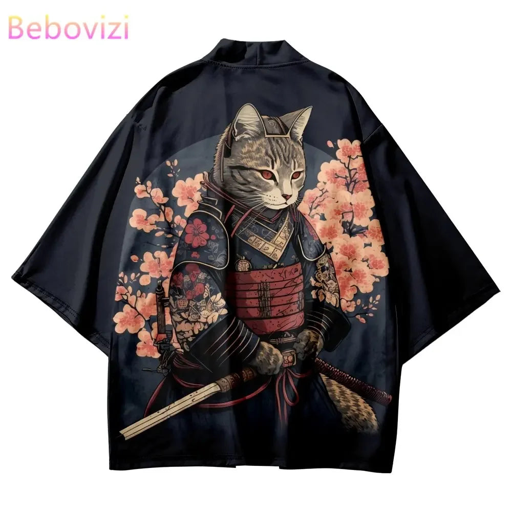 Plus Size Japanese Sakura Cat Samurai Print Kimono