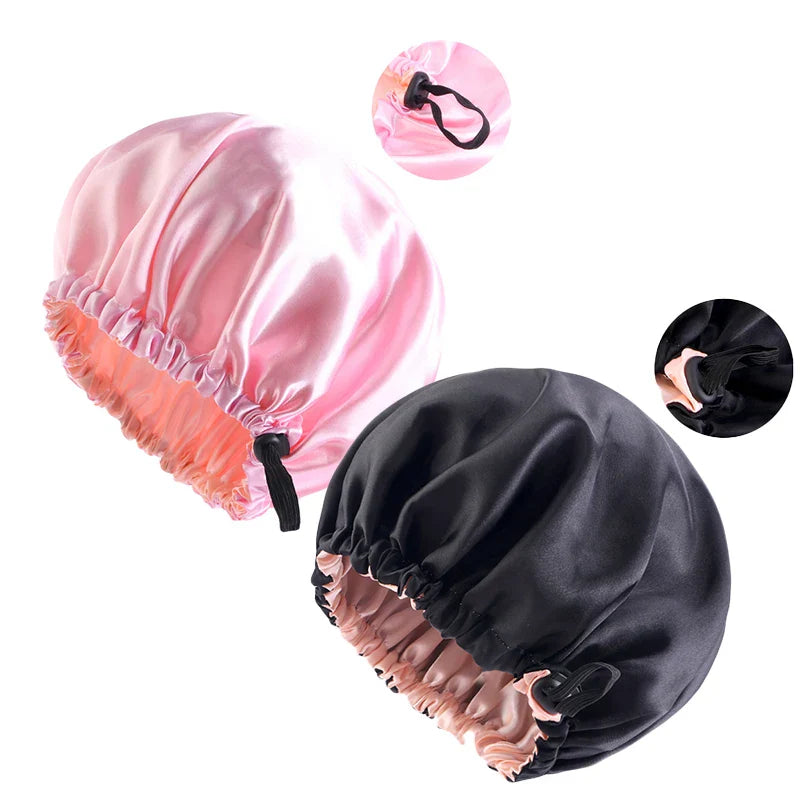 2PCS/LOT Satin Bonnet Double-Deck Flat Buckle Adjustable Nightcap