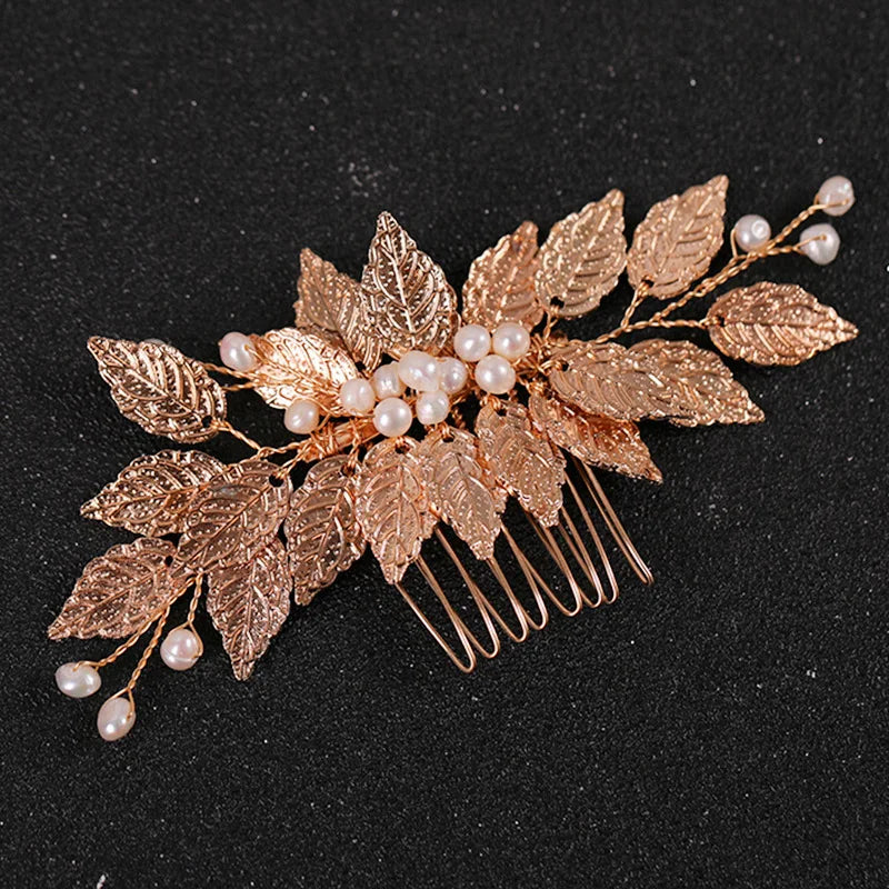 Gold Color Pearl Leaf Hair Comb Clip Hairpin