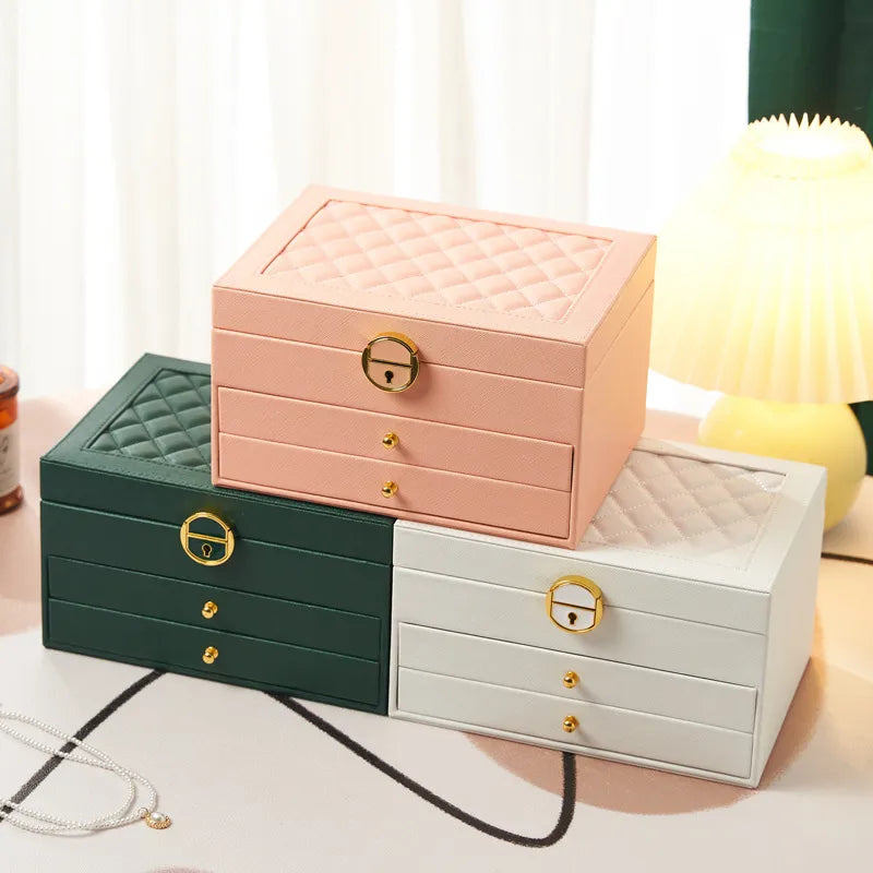 Rhombic threelayer drawertype lock jewelry storage box necklace