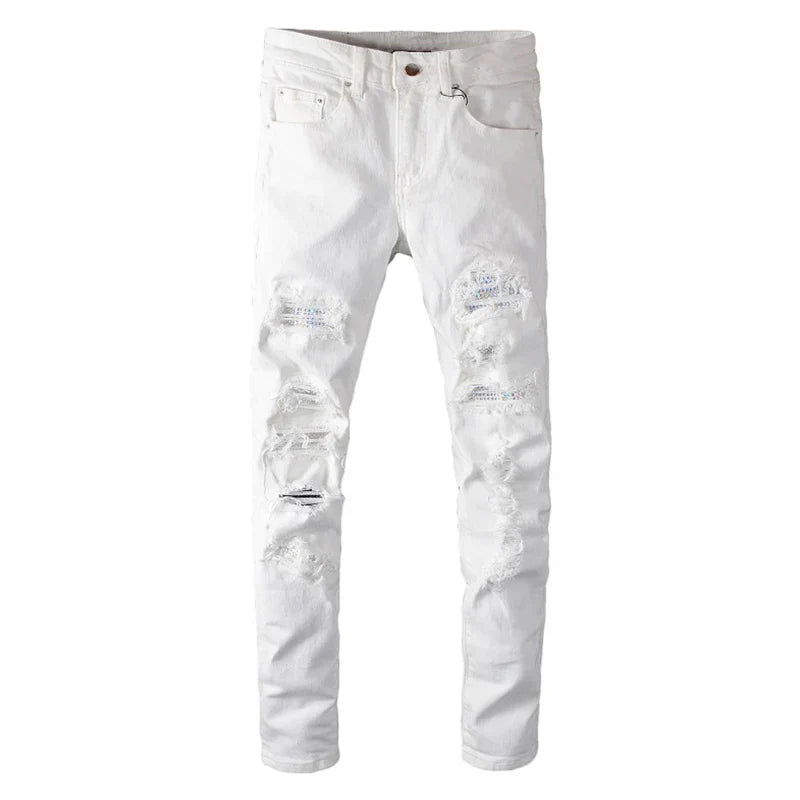 Sokotoo Men's White Crystal Holes Ripped Jeans Fashion