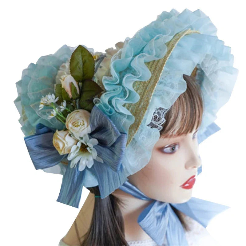 Japanese Lolita Sweet Handmade Straw Sun Hat Lace