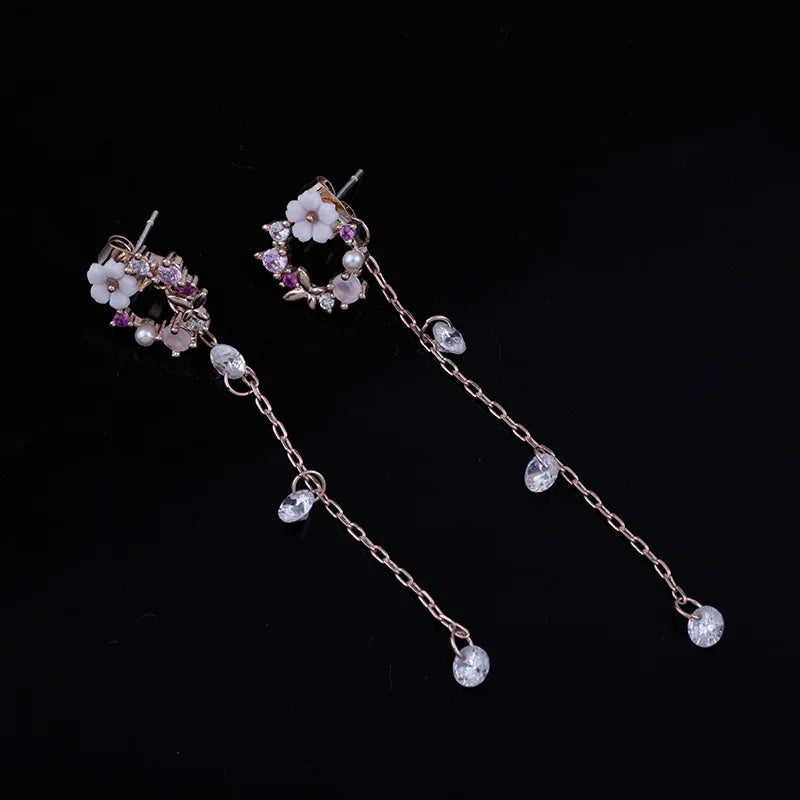 WENHQ Korean Style Cubic Zircon Flower Tassel Drop