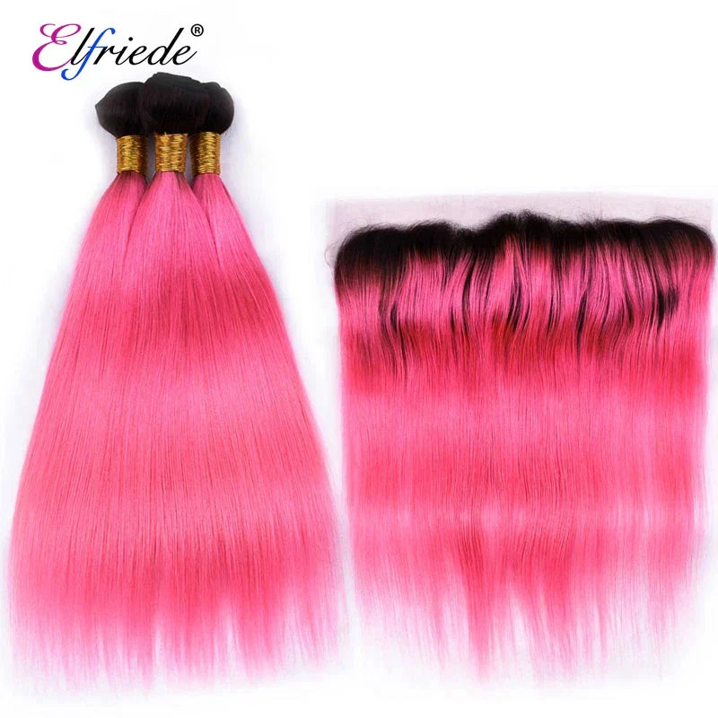 Elfriede 1BPink Straight Ombre Colored Hair Bundles with