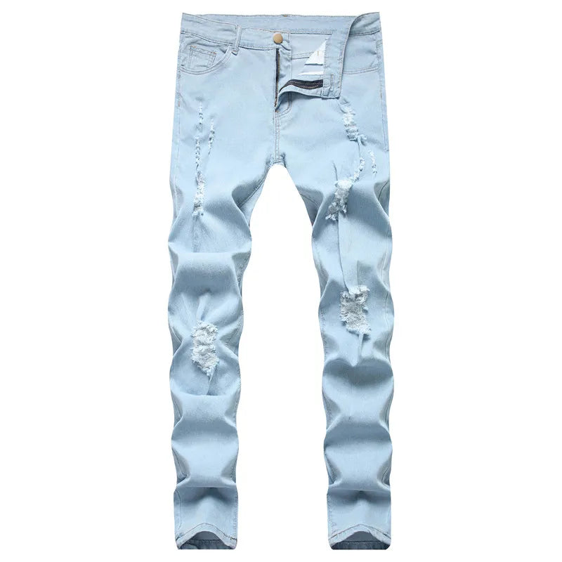 Men High street Stylish Ripped Skinny Pencil Jeans Men Solid color Slim Holes Simple style Casual Denim Pants