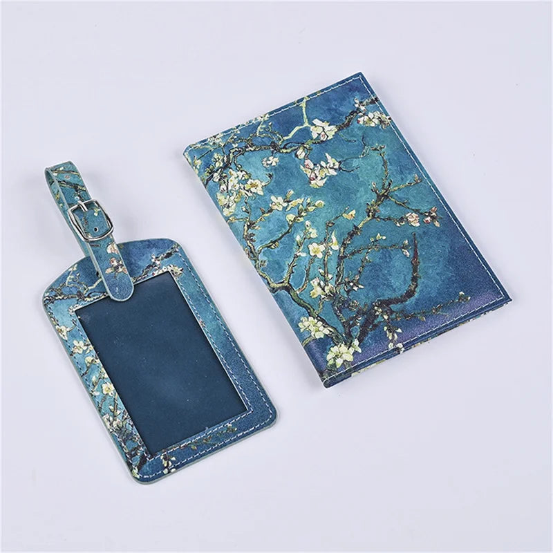 2pcset Printed PU Leather Passport Cover Luggage Tag