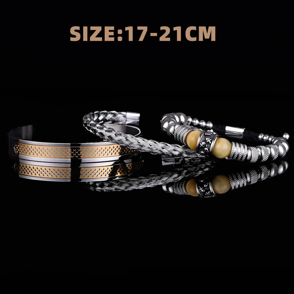 3pcs Set Men Bracelet Stainless Steel Handmade Rope